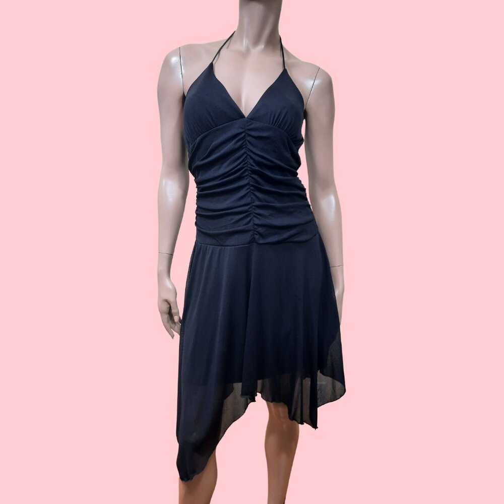 90s Y2K Black Mesh Dress Ruched Asymmetric Halter Party Cocktail size M
